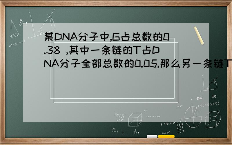 某DNA分子中,G占总数的0.38 ,其中一条链的T占DNA分子全部总数的0.05,那么另一条链T在该DNA分子中的碱基比例是多少?